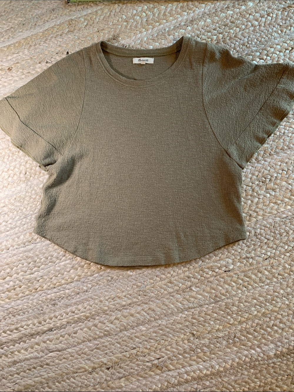 Madewell Olive Boxy Crewneck Flutter Sleeved Crop Top